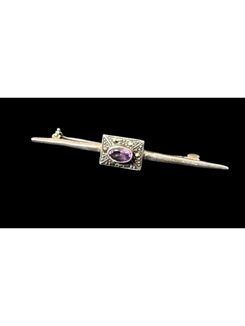 Art Deco 925 Marcasite Oval Cut Amethyst Bar Brooch Pin Vintage Sterling Silver
